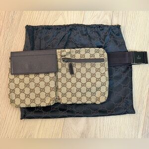 Gucci Beige and Brown Monogram Belt Bag. Dust Bag Included.